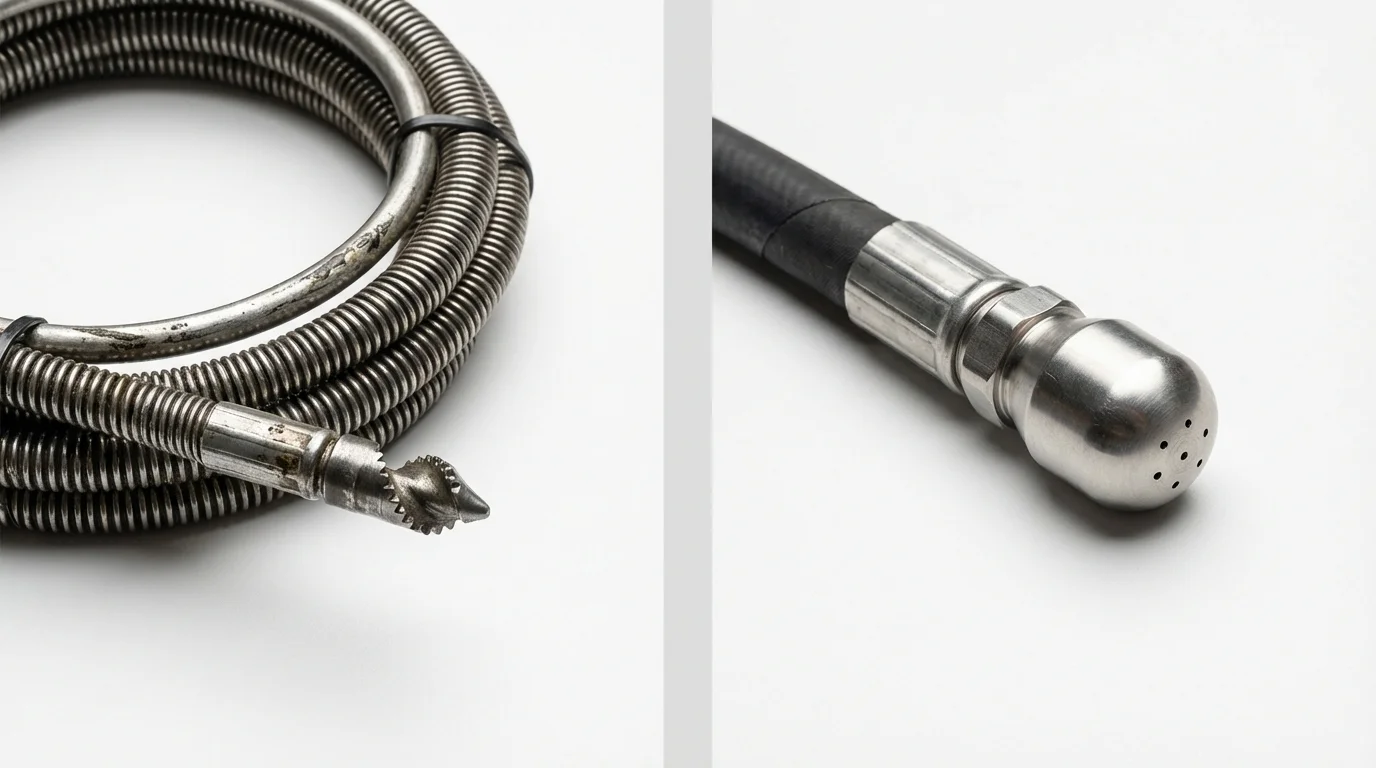 Drain snake cable and hydro jetting nozzle used for drain cleaning in Lunenburg, MA
