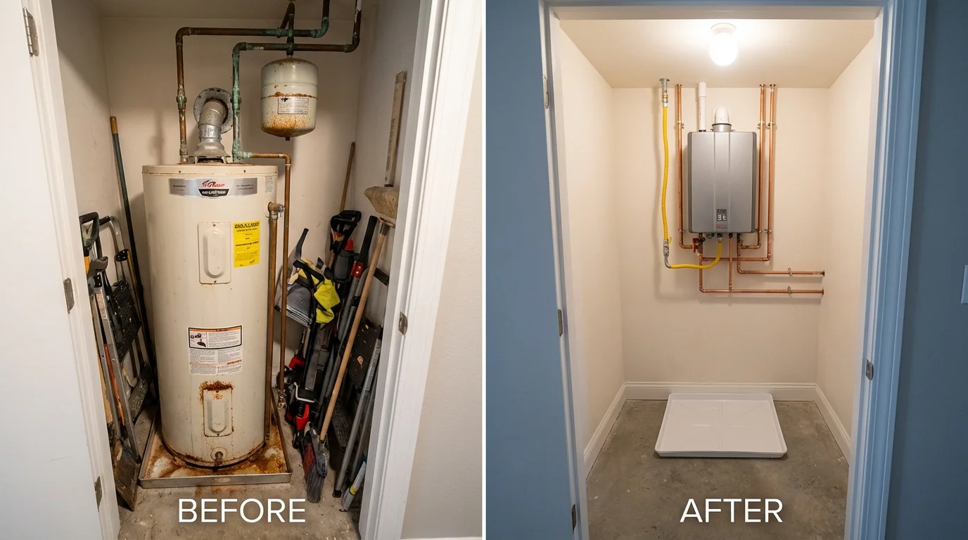 Tank water heater versus wall-mounted tankless unit comparison for Lunenburg, MA homeowners