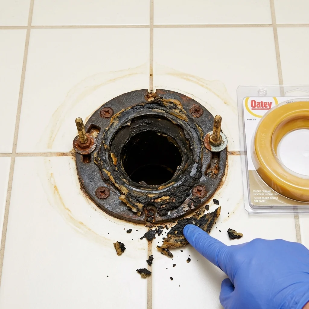 Failed wax ring showing water seepage at the base of a toilet in a Lunenburg, MA home