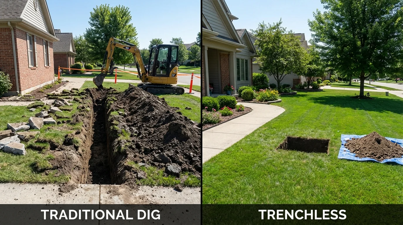 Trenchless sewer repair with minimal yard damage versus traditional excavation in Lunenburg, MA