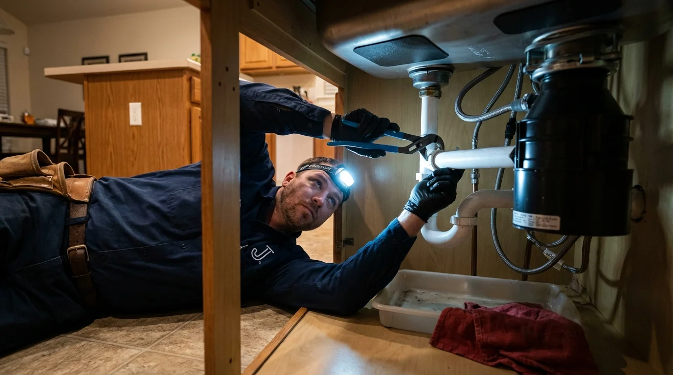 P-trap and supply line connections under a kitchen sink showing a common leak point in Lunenburg, MA